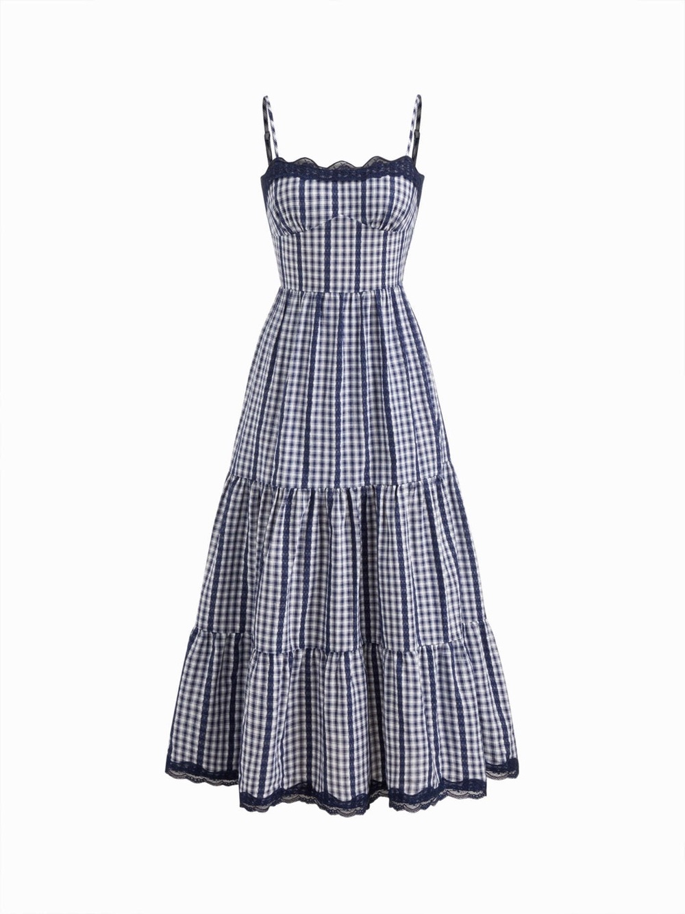 Cider COTTON-BLEND GINGHAM LACE TRIM TIERED SHIRRED MAXI DRESS navy blue XL NEW - Picture 3 of 13